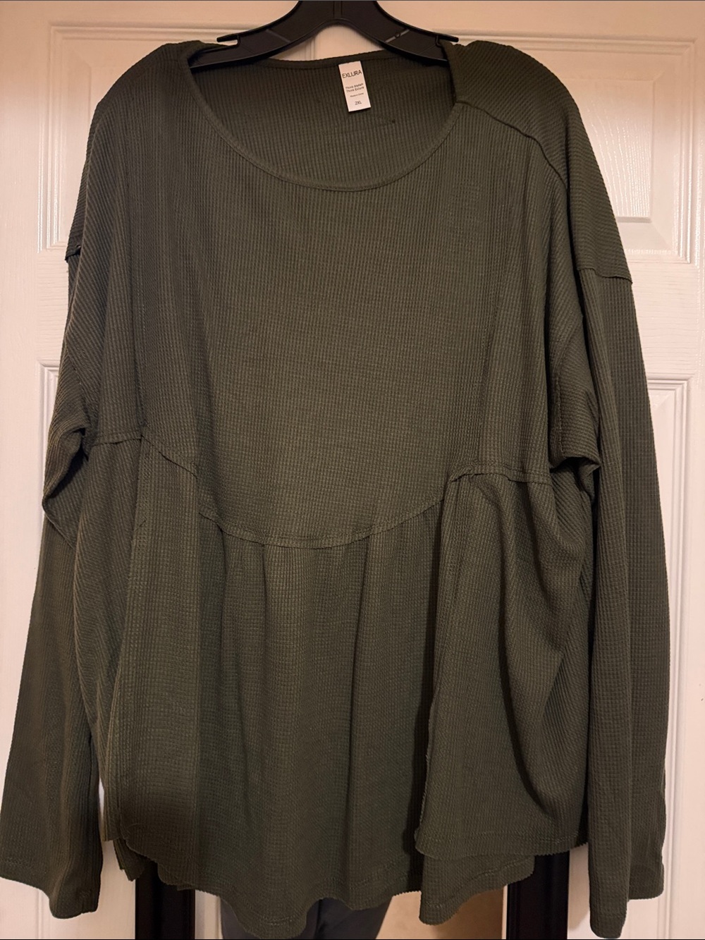 Green Waffle Knit Long-Sleeve Peplum Top